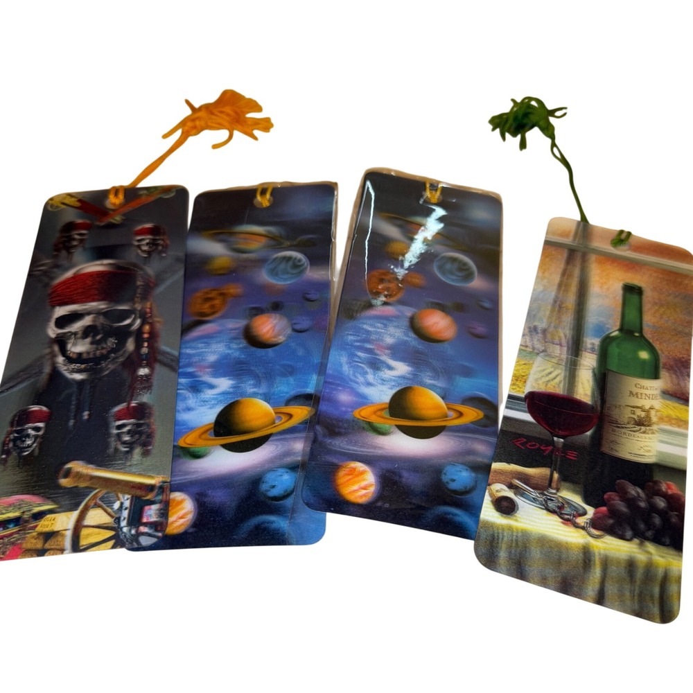 Vintage Advanced 3D Lenticular Bookmarks Lot of 4 Pirate Space Wine Tassels